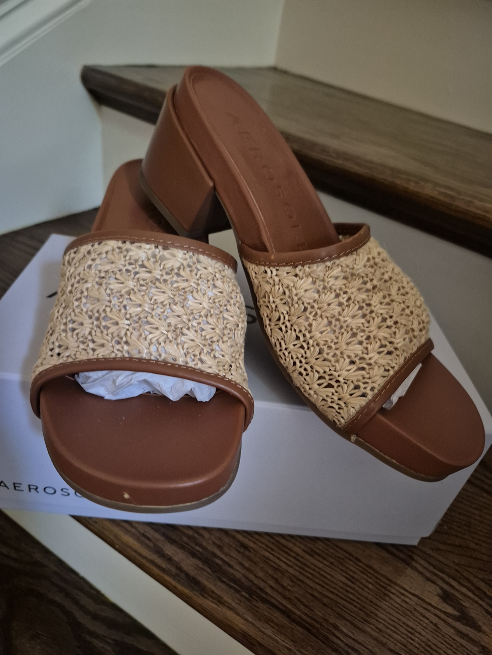 AEROSOLES Brown Leather & Raffia Slide Mules
